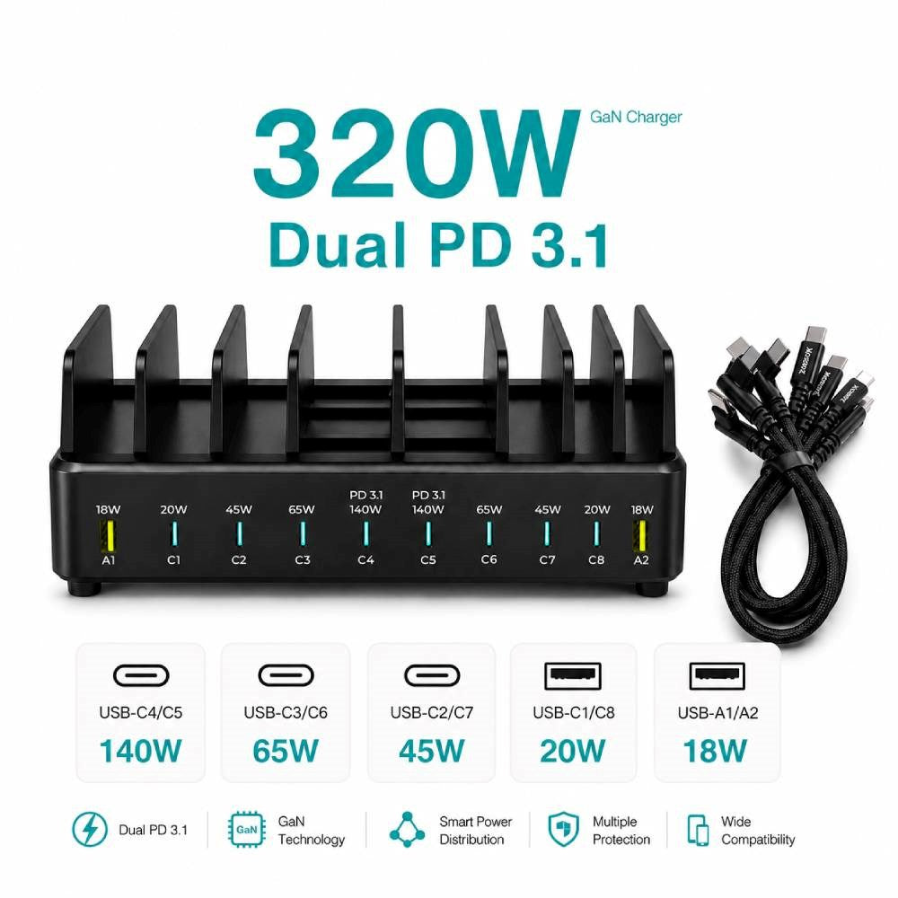 Xceed 320W Power Station m. 8x USB-C & 2x USB-A - Sort