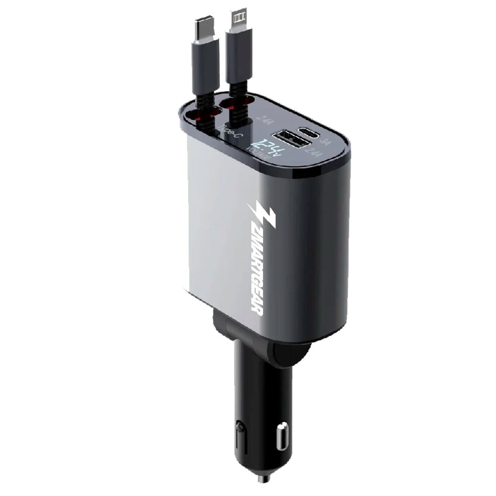 Zmartgear 4-i-1 60W Biloplader m. Udtrækkelig Lightning Kabel & USB-C - USB-C & USB-A Port - Sort