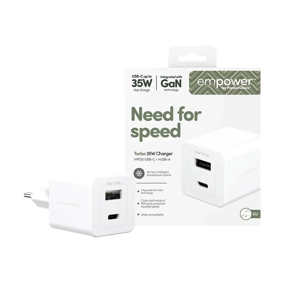 empower by PanzerGlass Turbo Vægoplader - 1x USB-A & 1x USB-C - 35W - Silver White