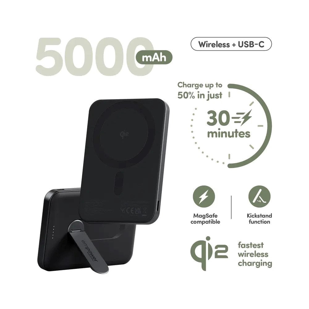 empower by PanzerGlass 5000 mAh empower Bank m. Spin Stand - Qi2 / MagSafe Kompatibel - Space Black