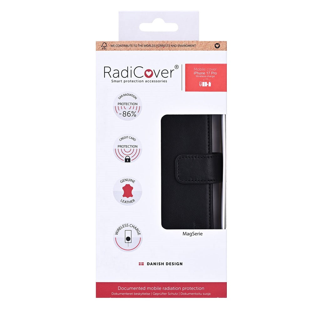 iPhone 17 Pro RadiCover Exclusive 2-in-1 Anti Stråling Læder Flip Case m. Kortholder - MagSafe Kompatibel - Sort