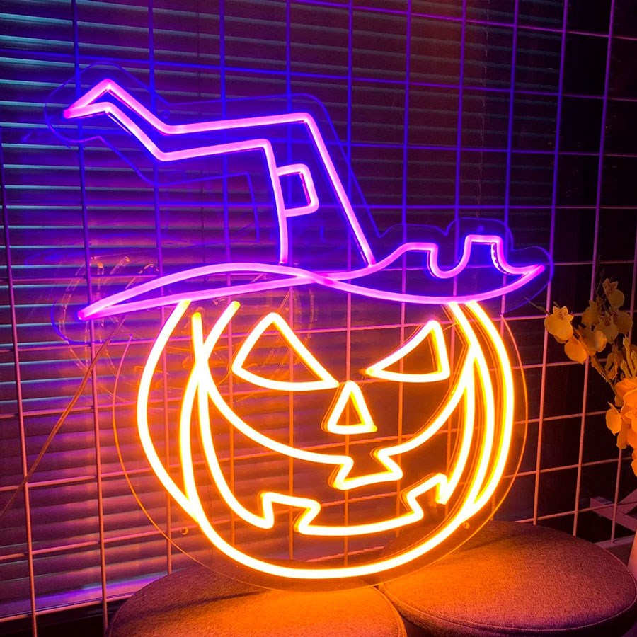 Neolia LED Neon Skilt Halloween - Orange og Lilla Lys m. Græskar