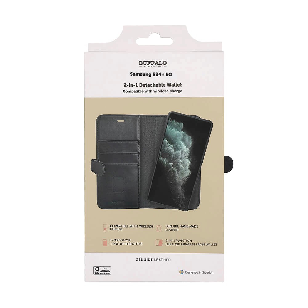 Samsung Galaxy S24+ (Plus) GEAR Buffalo 2-in-1 Wallet Ægte Læder Magnet Flip Cover m. Pung - Sort