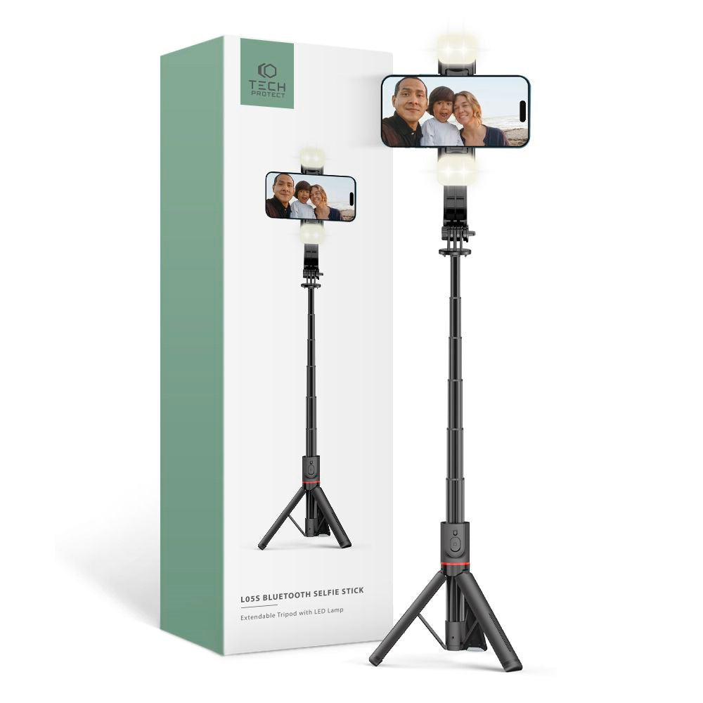 L05S Tech-Protect Selfiestang m. Tripod & Led Lys - Bluetooth - Sort