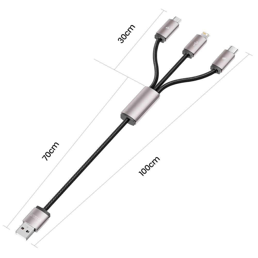 Tech-Protect Ultraboost 3-i-1 Lightning / USB-C / Micro-USB 3.5A Kabel - 1 m. - Grå