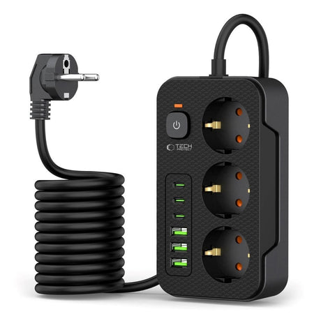 Tech-Protect Strømskinne m. 3 x Udtag / 3 x USB-A / 3 x USB-C (2m) - Sort