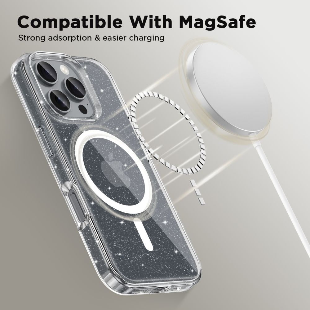 iPhone 16 Pro Tech-Protect Flexair Hybrid Bagside Cover - MagSafe Kompatibel - Gennemsigtig / Glitter