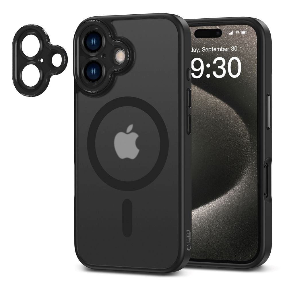 iPhone 16 Tech-Protect MagCam Mobil Cover inkl. Kamerabeskyttelse - MagSafe Kompatibel - Gennemsigtig / Mat Sort