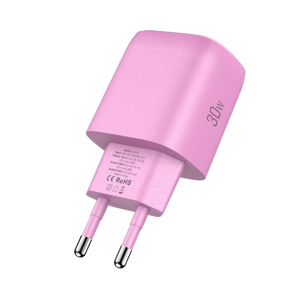 Tech-Protect Vægoplader m. 30W - 1 x USB-A (QC) & 1 x USB-C (PD) - Lyserød