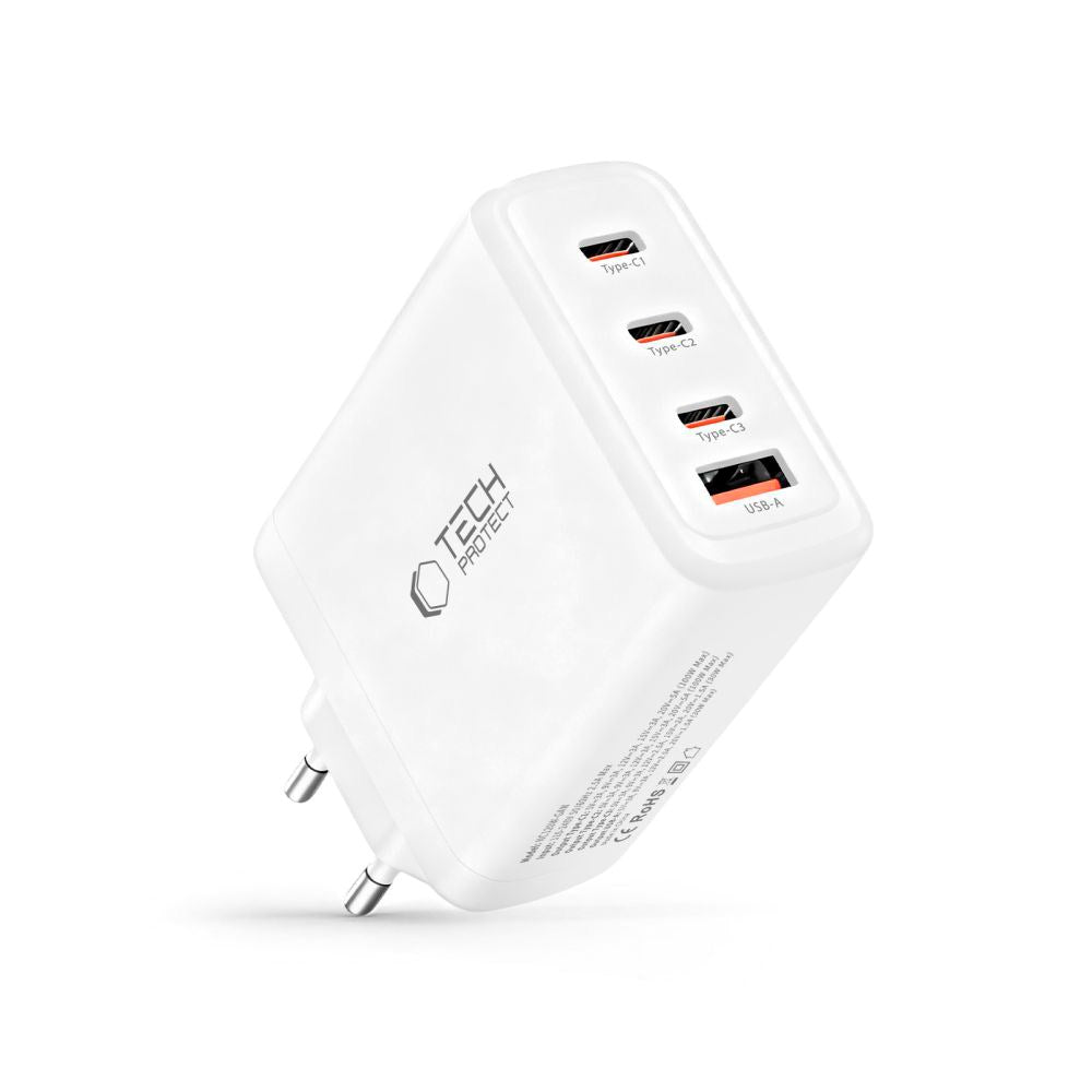 Tech-Protect Vægoplader m. 1 x USB-A & 3 x USB-C - 120W - Hvid