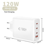 Tech-Protect Vægoplader m. 1 x USB-A & 3 x USB-C - 120W - Hvid