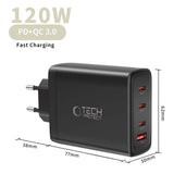 Tech-Protect Vægoplader m. 1 x USB-A & 3 x USB-C - 120W - Sort
