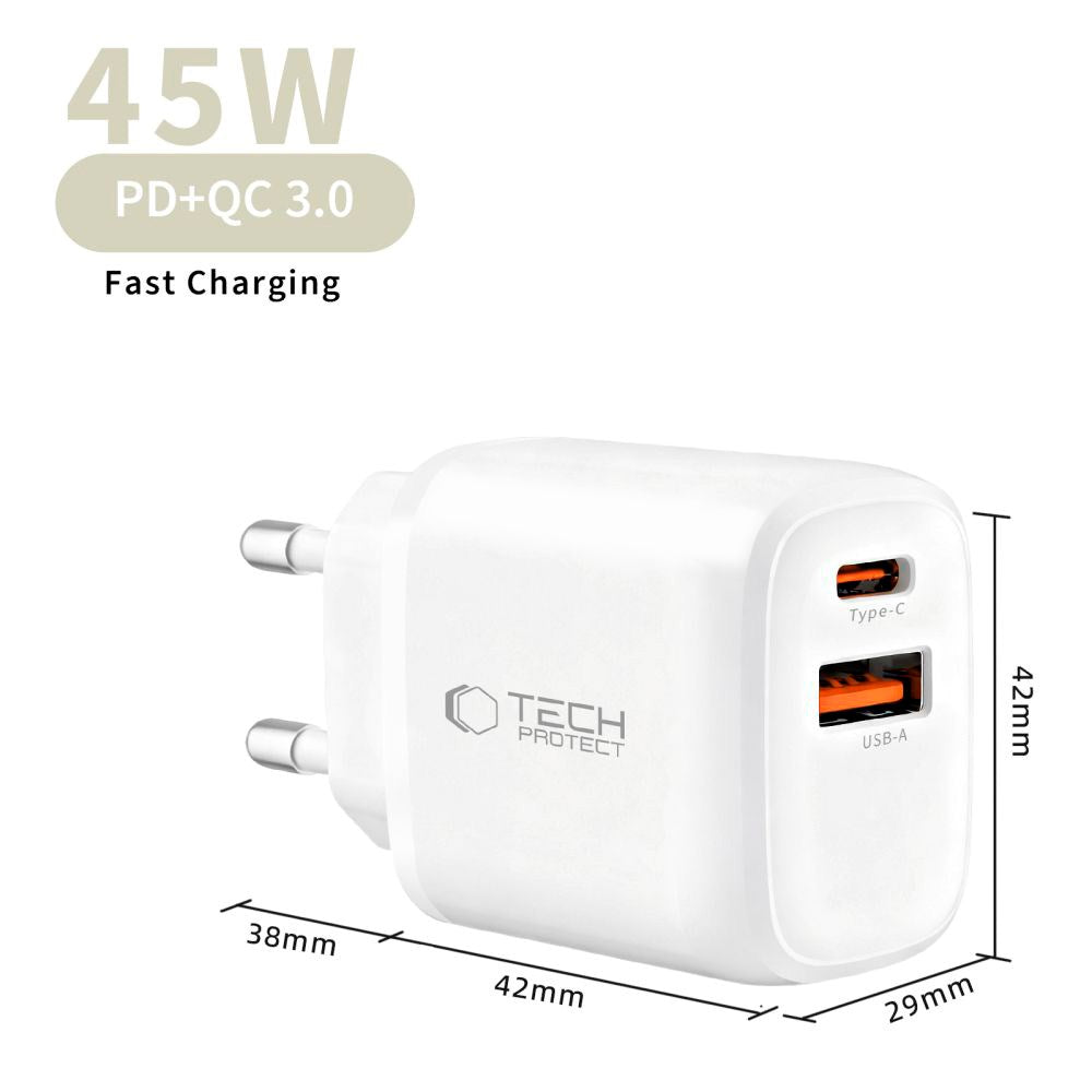 Tech-Protect Vægoplader - 1 x USB-C & 1 x USB-A - 45W - Hvid