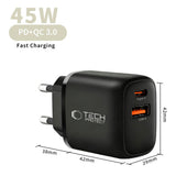Tech-Protect Vægoplader - 1 x USB-C & 1 x USB-A - 45W - Sort