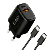 Tech-Protect Vægoplader m. 1 x USB-A / 1 x USB-C / 1 x USB-C til USB-C Kabel - 45W - Sort