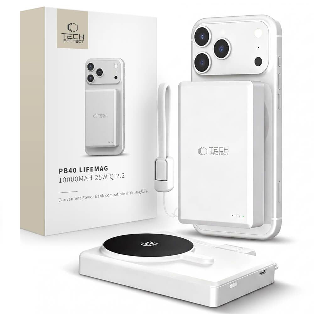 Tech-Protect PB40 LifeMag PowerBank m. 25W & 10.000mAh - MagSafe / Qi2 Kompatibel - Hvid