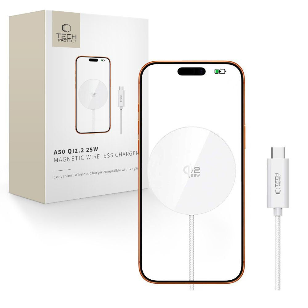 Tech-Protect Qi2 Magnetisk Trådløs Oplader - MagSafe Kompatibel - 25W - Hvid