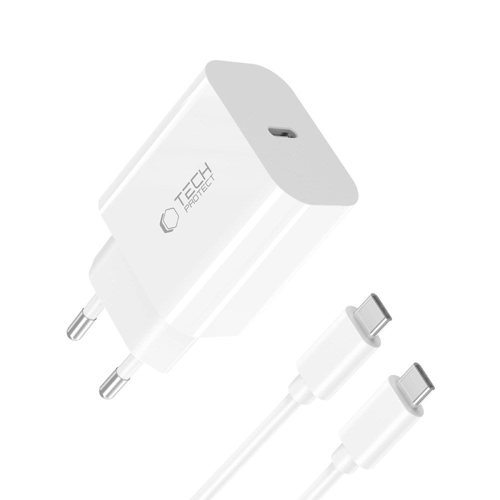 Tech-Protect - 20W Vægoplader m. 1 x USB-C Kabel - Hvid