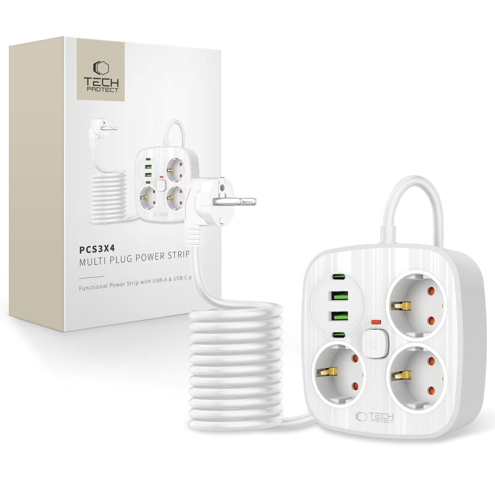 Tech-Protect Strømskinne m. 3 x Udtag / 2 x USB-A / 2 x USB-C (2m) - Hvid