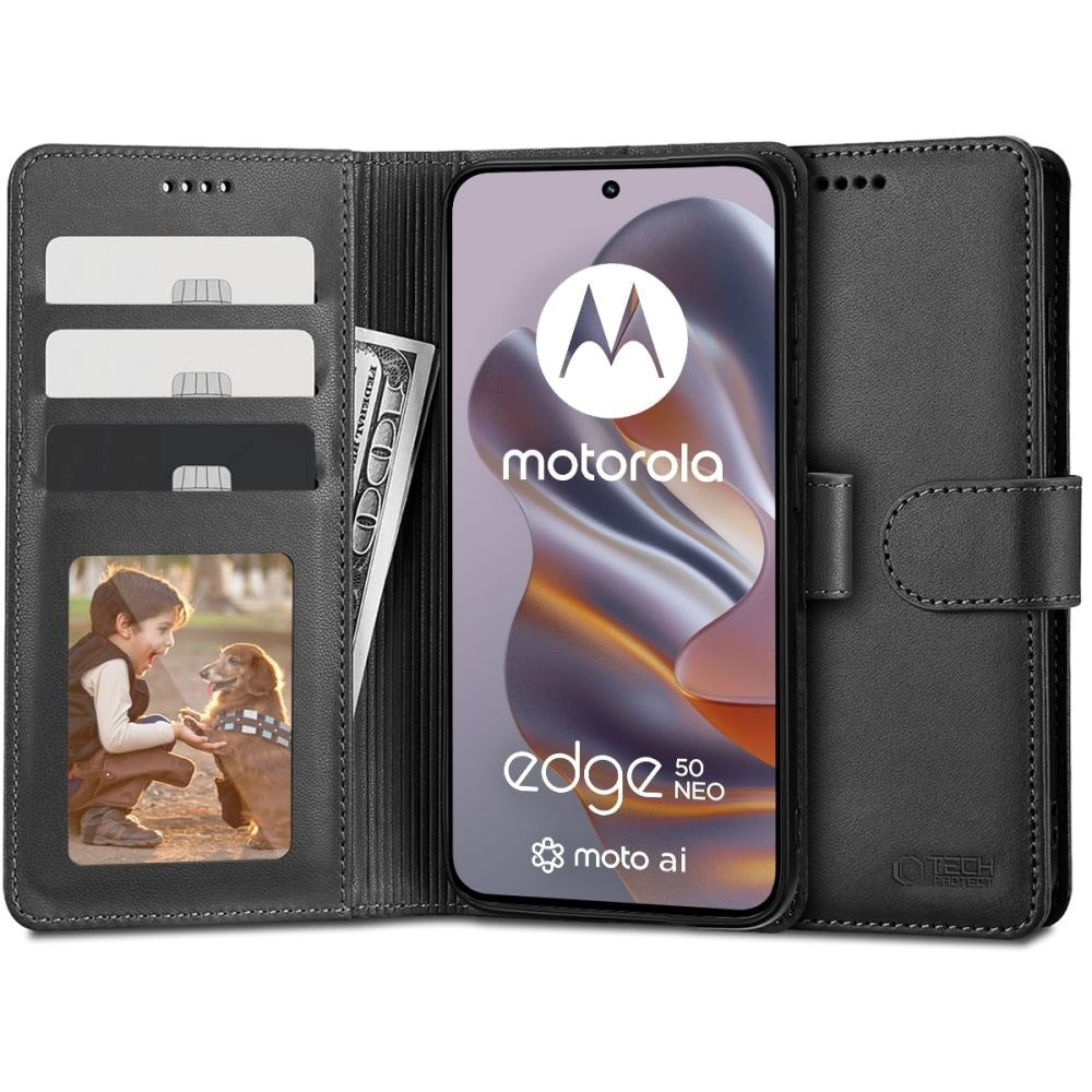 Motorola Edge 50 Neo Tech-Protect Wallet Flip Cover m. Pung & Ståfunktion - Sort