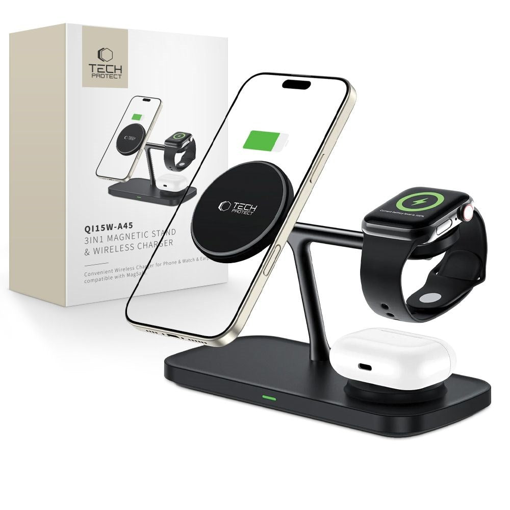 Tech-Protect 15W 3-i-1 Trådløs Oplader - Qi2 / MagSafe Kompatibel - Sort