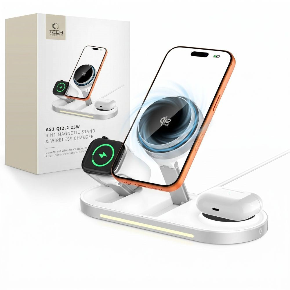 Tech-Protect A51 ARCTICBOOST Trådløs Oplader - 3-i-1 - 25W - MagSafe / Qi2 Kompatibel - Hvid