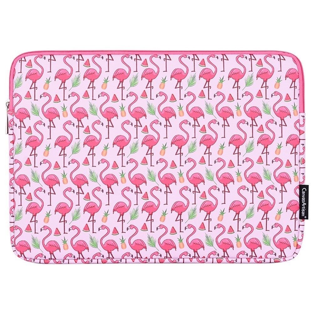 CanvasArtisan Læder Sleeve m. Flamingo Motiv Til Bærbar PC / Macbook 14" - (37 x 26.5 x 2 cm) - Lyserød