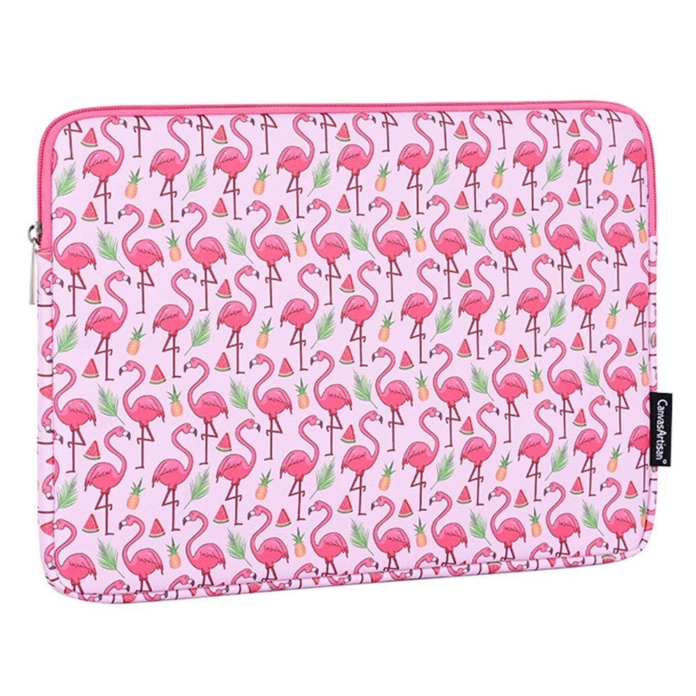 CanvasArtisan Læder Sleeve m. Flamingo Motiv Til Bærbar PC / Macbook 14" - (37 x 26.5 x 2 cm) - Lyserød