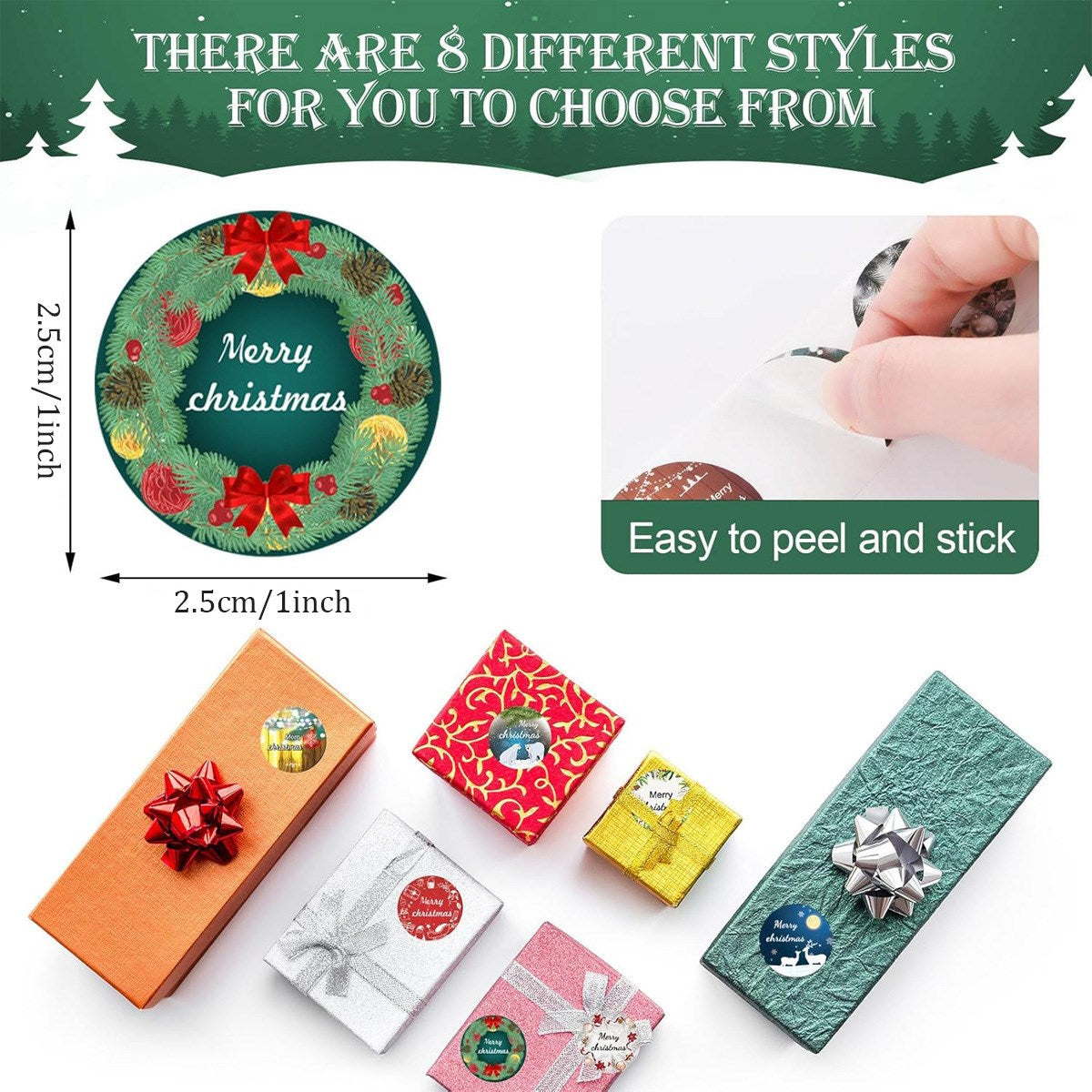 Klistermærkerulle med 500 stk. - 8 Unikke Designs - Merry Christmas