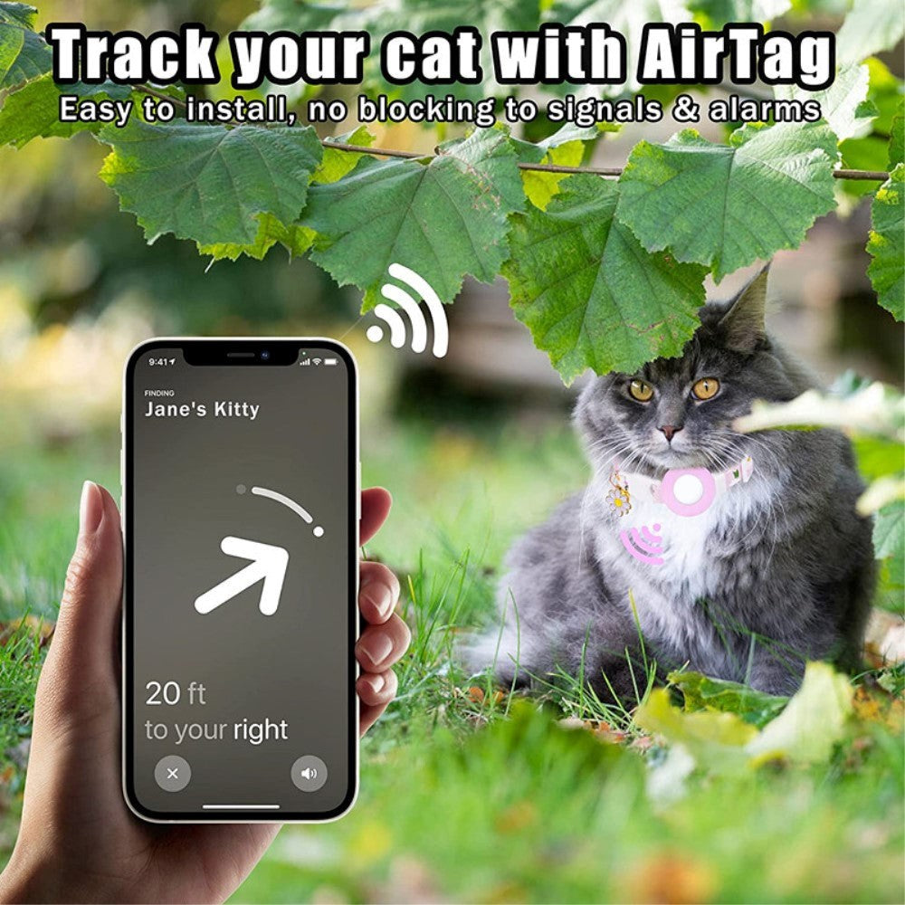 Kattehalsbånd med AirTag Silikone Cover & Film - Lilla med Margueritter