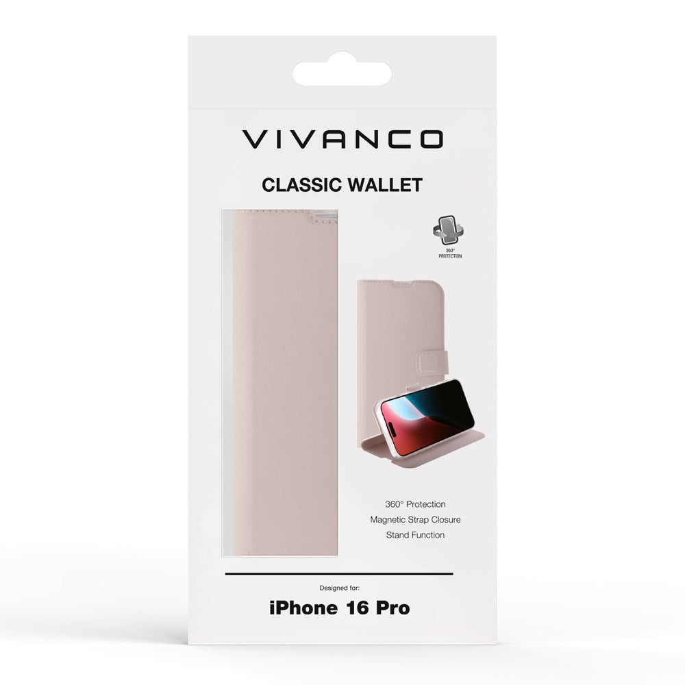 iPhone 16 Pro Vivanco Classic Wallet Læder Flip Cover m. Pung - Greige