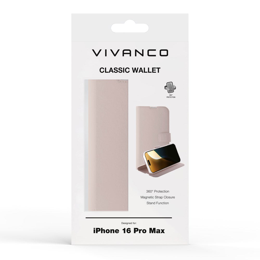 iPhone 16 Pro Max Vivanco Classic Wallet Læder Flip Cover m. Pung - Greige