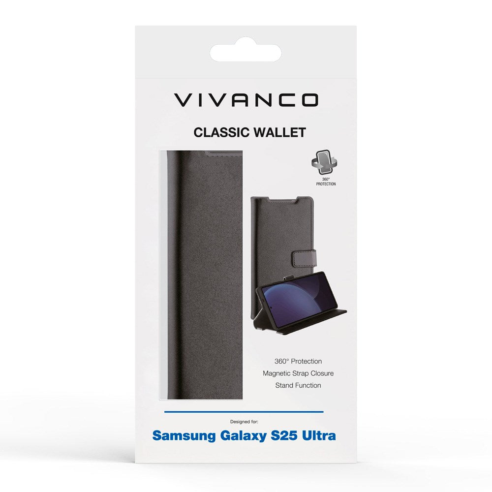 Samsung Galaxy S25 Ultra Vivanco Classic Wallet Flip Cover m. Kortholder - Sort