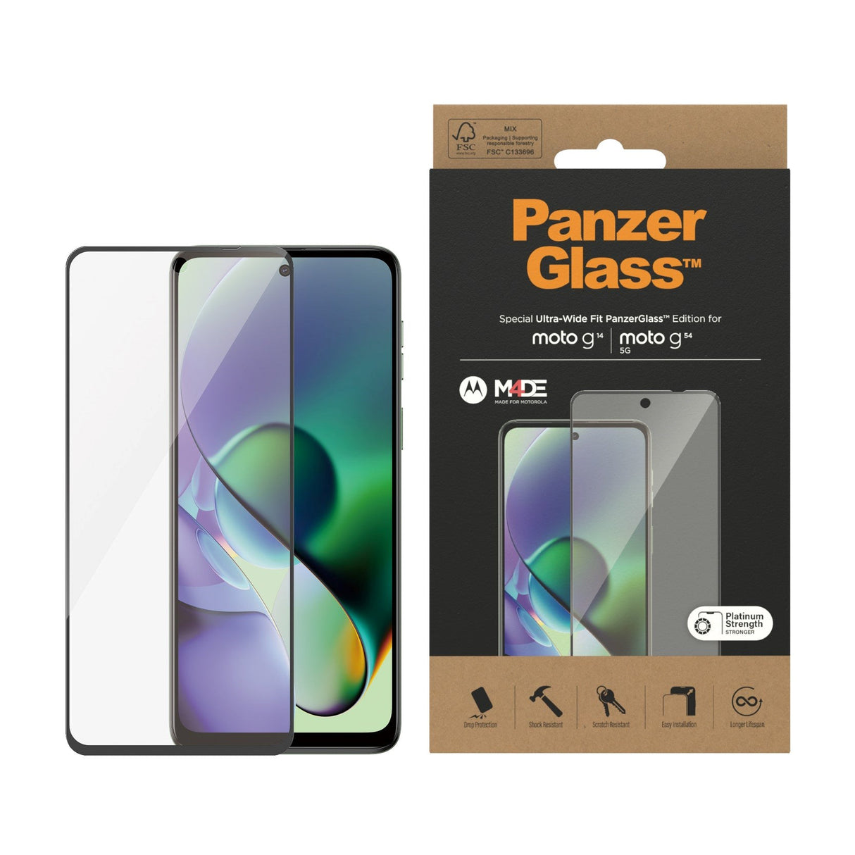 Motorola Moto G14 / G54 PanzerGlass Ultra Wide Fit Skærmbeskyttelsesglas - Platinum Strength - Sort Kant