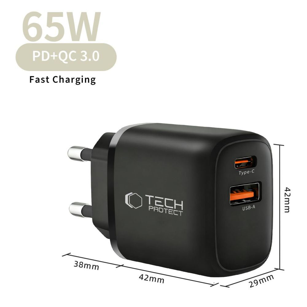 Tech-Protect Vægoplader m. 1x USB-C & 1x USB-A - 65W - Sort