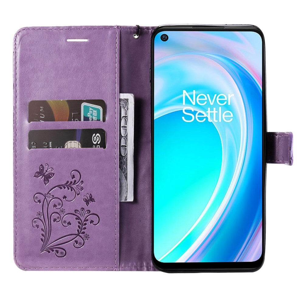 OnePlus Nord CE 2 Lite (5G) Imiteret Læder Flip Cover m. Pung & Strop - Sommerfugl - Lilla