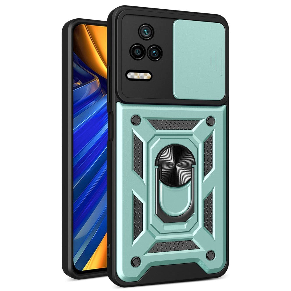 Xiaomi Poco F4 Håndværker Bagside Cover m. Magnetisk Kickstand & Cam Slider - Grøn