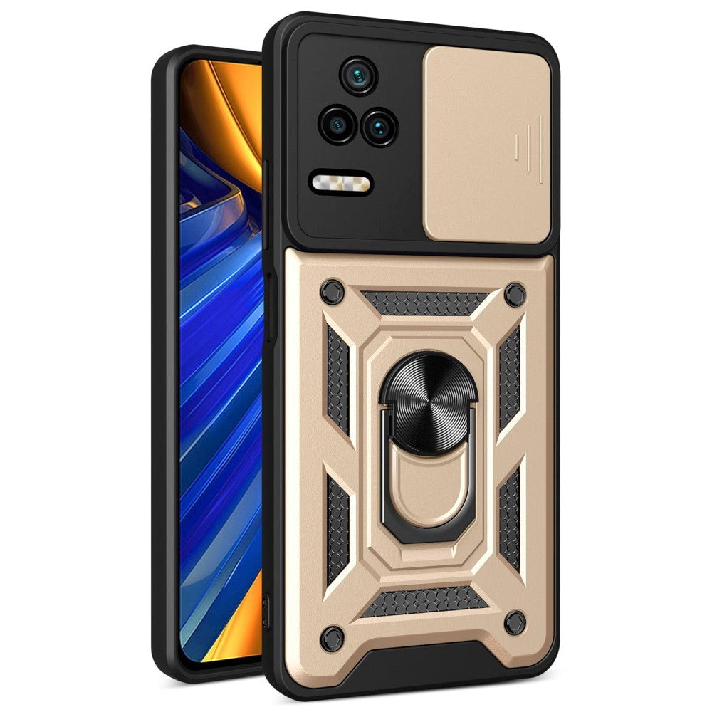 Xiaomi Poco F4 Håndværker Bagside Cover m. Magnetisk Kickstand & Cam Slider - Guld