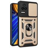 Xiaomi Poco F4 Håndværker Bagside Cover m. Magnetisk Kickstand & Cam Slider - Guld