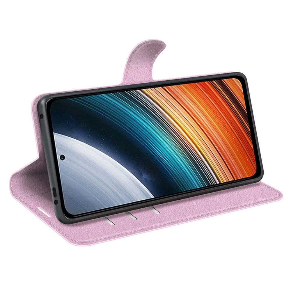 Xiaomi Poco F4 Litchi Læder Flip Cover m. Pung - Lyserød