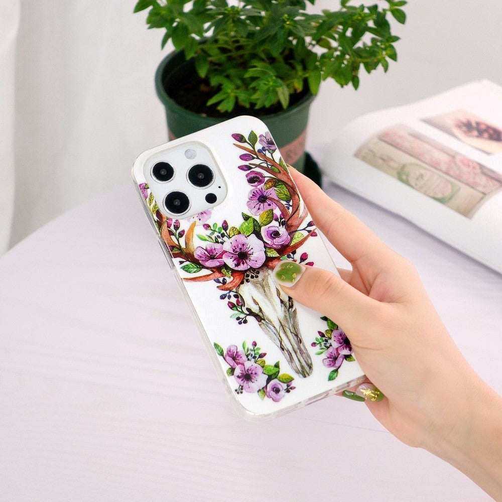 iPhone 14 Pro Fleksibelt TPU Plast Bagside Cover - Blomsterhjort