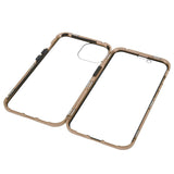 iPhone 14 Cover m. Magnetisk Metal Kant Glas- Forside & Bagside - Guld