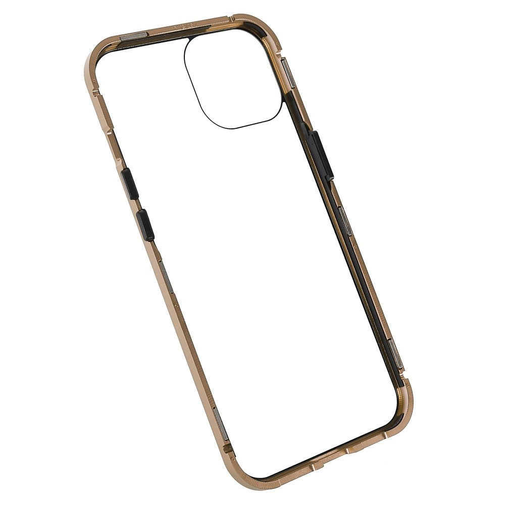 iPhone 14 Cover m. Magnetisk Metal Kant Glas- Forside & Bagside - Guld
