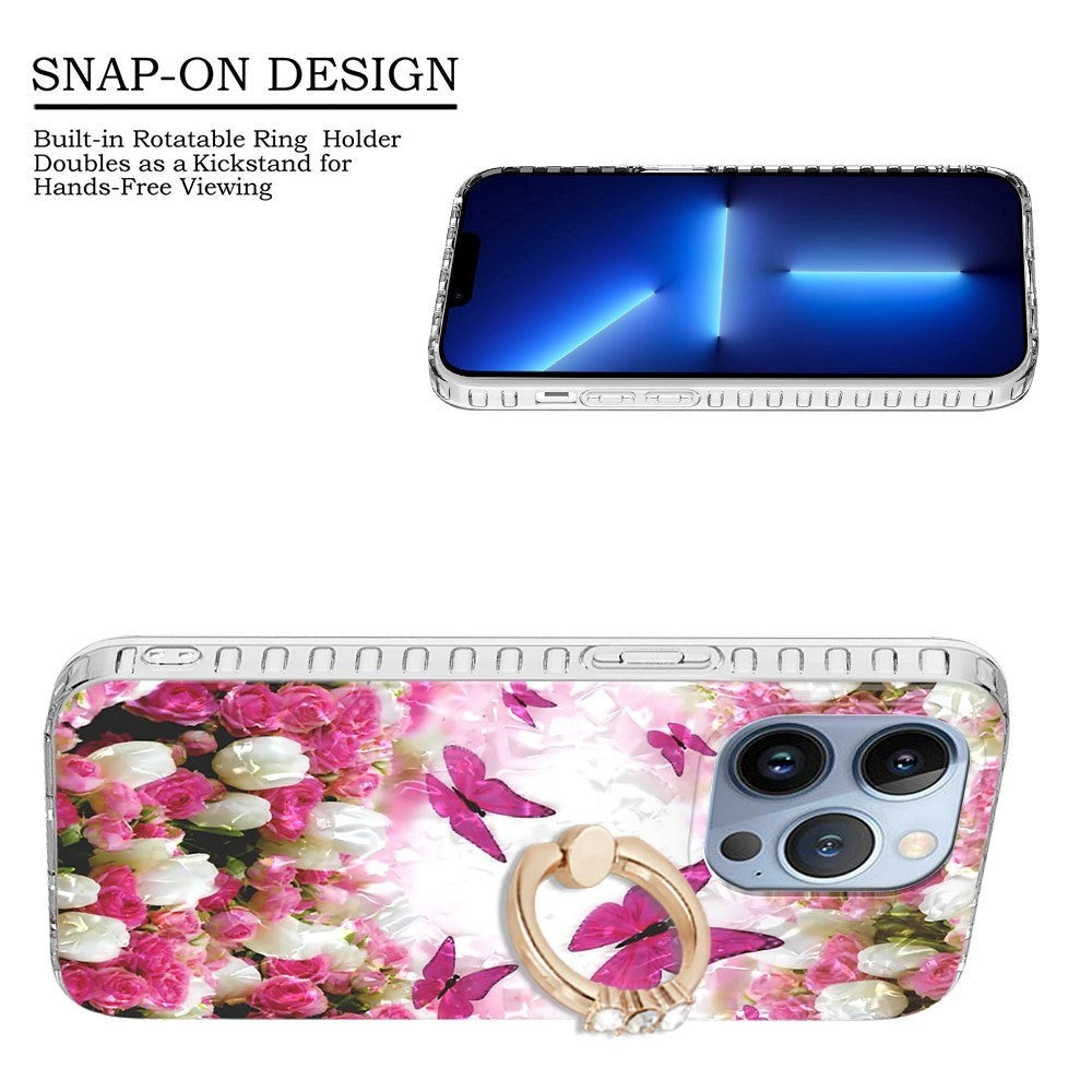 iPhone 14 Pro Max Fleksibel Plastik Cover m. Ring & Standerfunktion - Dansende Sommerfugle