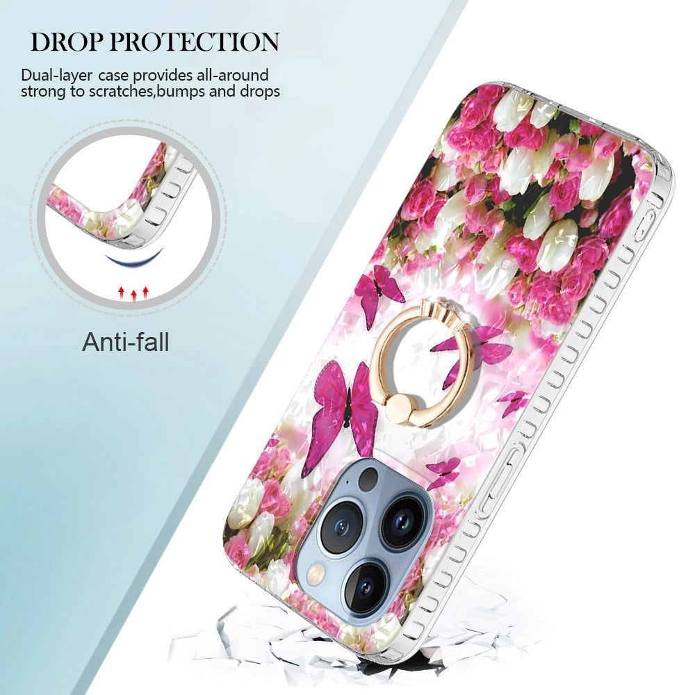 iPhone 14 Pro Max Fleksibel Plastik Cover m. Ring & Standerfunktion - Dansende Sommerfugle