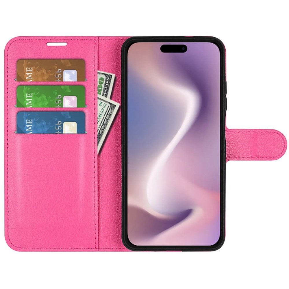 EIDERWOOD iPhone 16 Litchi Læder Flip Cover m. Pung - Pink