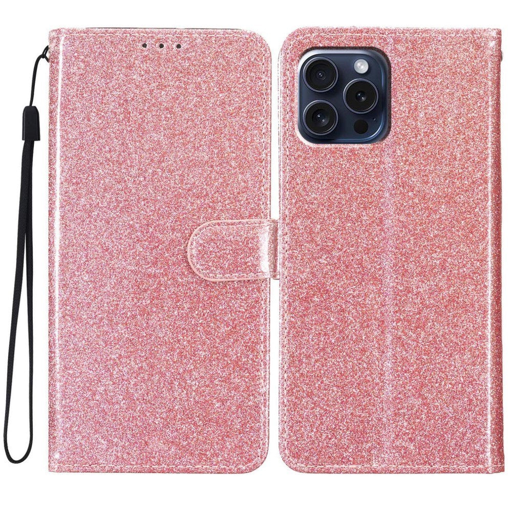 EIDERWOOD iPhone 16 Pro Læder Flip Cover m. Pung & Strop - Glimmer - Rose Gold