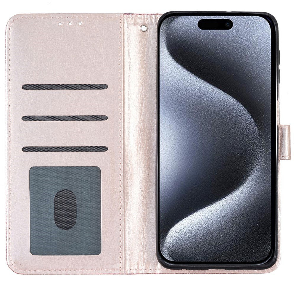 EIDERWOOD iPhone 16 Pro Læder Flip Cover m. Pung & Strop - Glimmer - Rose Gold