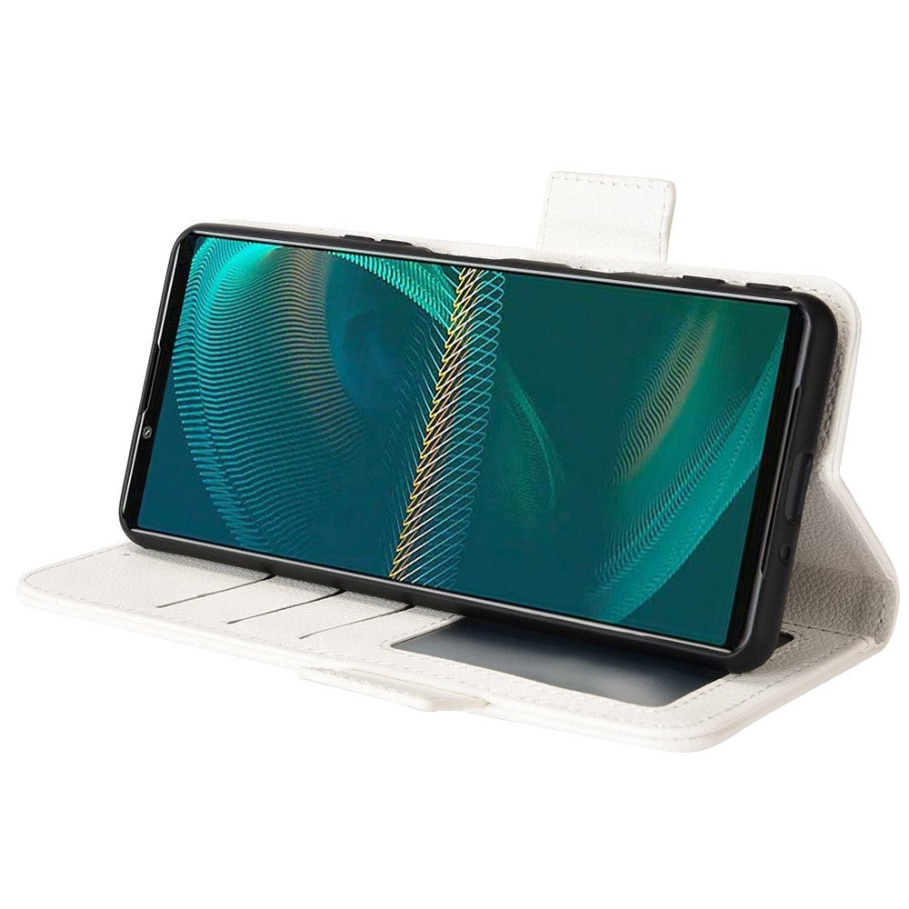 Sony Xperia 5 IV PU Litchi Læder Flip Cover m. Pung - Hvid