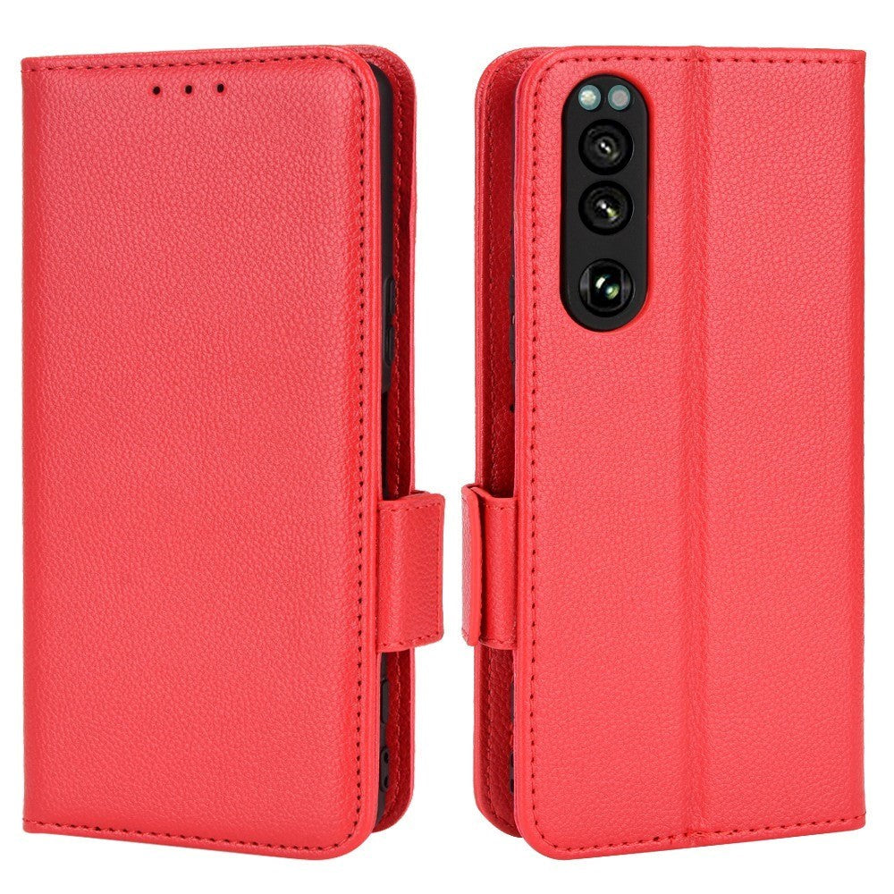 Sony Xperia 5 IV PU Litchi Læder Flip Cover m. Pung - Rød